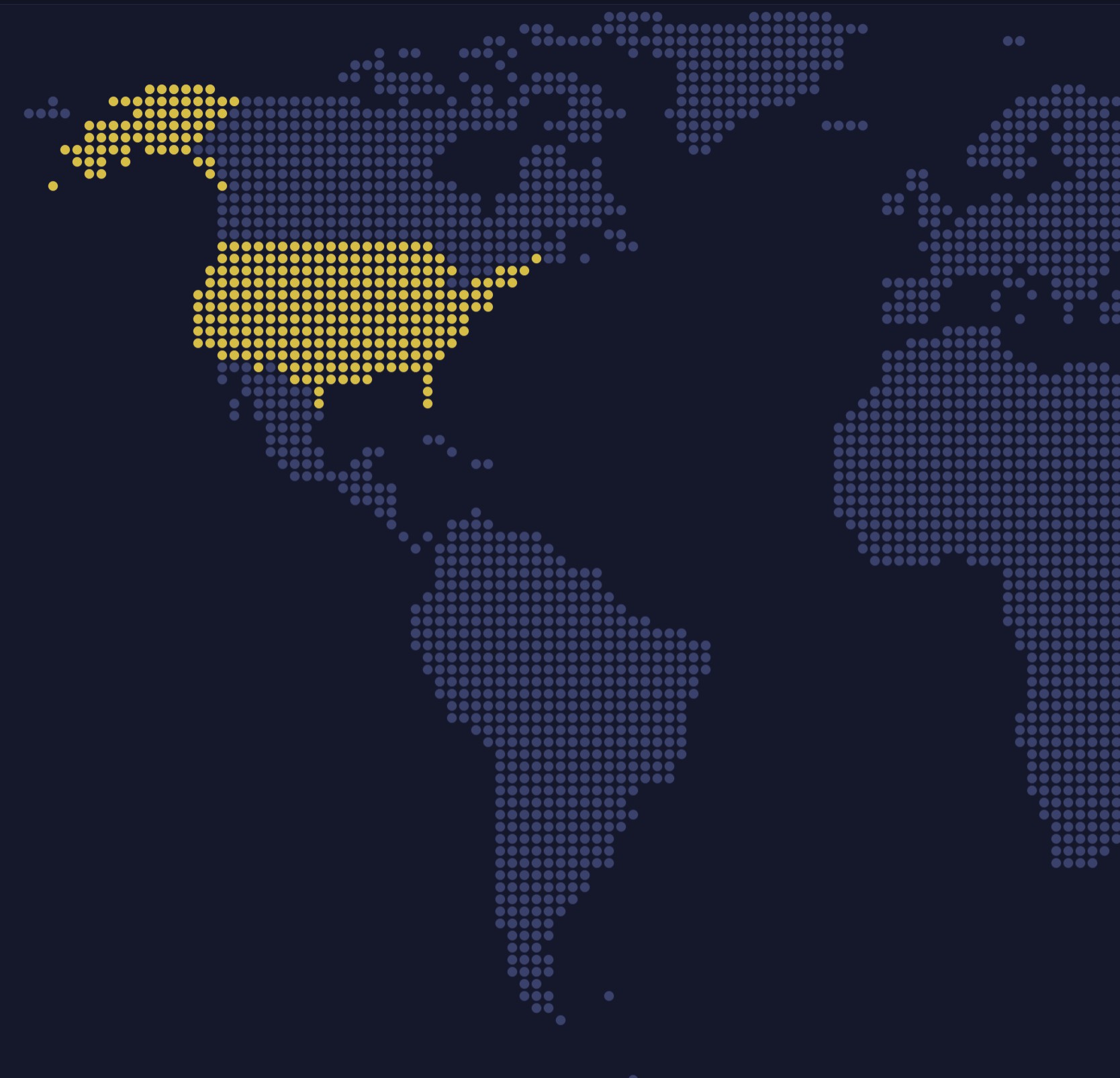 A dotted map of the Americas with the United States highlighted